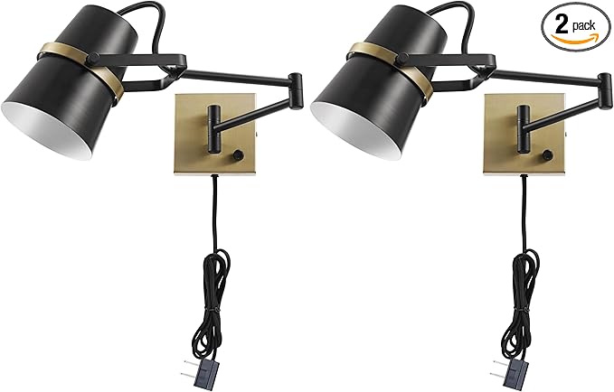 GLOBE Electric 51345 1-Light Plug-in or Hardwire Swing Arm Wall Sconce, Matte Black, Brass Accents, 6ft Black Woven Fabric Cord, Flat Plug, Rotary On/Off Switch, Wall Lighting, Bulb Not Included