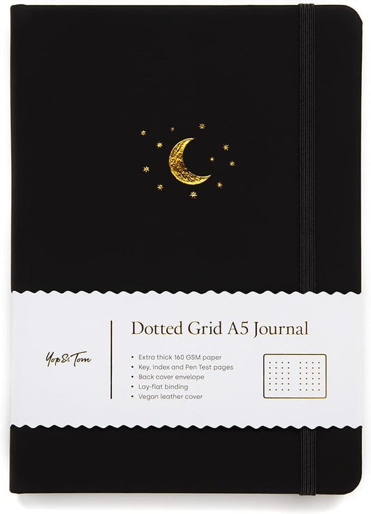 Yop & Tom Bullet Dotted Journal (A5) - Moon and Stars - Dot Grid Notebook With Extra Thick Paper (160 GSM) - Charcoal
