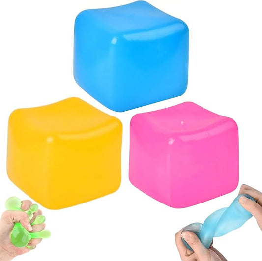 3Pcs Stress Cube Squishy Toys, Slow Rising Ice Cube Stress Balls, Sensory Fidget Toys for Anxiety Relief, Sensory Ice Nee Cube Gel Filled Squishy Ball Toys for ADD/ADHD Kids Adults(Blue, Pink, Orange)