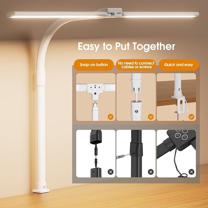 LED Desk Lamp for Home Office - Eye-Caring Computer Desk Light with Clamp, Adjustable Work Lamp with Color Changing, Dimmable Double Head Monitor Light with Gooseneck, White