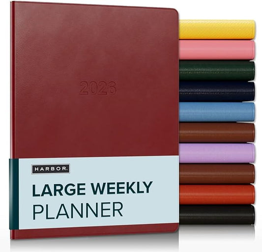 Harbor Large Weekly Monthly Planner 2025-2026 - Calendar Planner and Notebook, Durable Faux Leather, 192 Pages, Softcover & Book Bound - Cambridge Red - 9.75 x 7.5 "