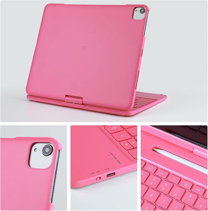 Keyboard Case for iPad Air 13 inch M3 2025&M2 2024, 360 Rotatable Wireless Folio 180 Swivel Stand Hard Cover Auto Sleep/Wake up Pink