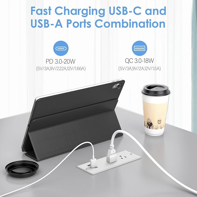 Jgstkcity 20W USB C Recessed Power Strip,Surge Protector Waterproof,Furniture Desk Power Outlet,2 Outlets and and USB C Charging,Suitable for Side Table,Flat Plug,6ft Cable White