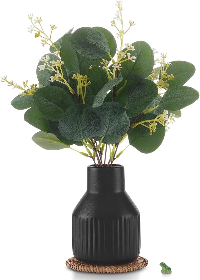 Artificial Eucalyptus Greenery Stems in Ceramic Vase,10Pcs Fake Plants Eucalyptus Leaves faux Plants for Centerpiece Table Decorations Home Room Decor office desk decor Greenery Decor indoor (Black)