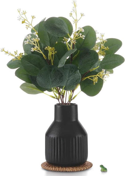 Artificial Eucalyptus Greenery Stems in Ceramic Vase,10Pcs Fake Plants Eucalyptus Leaves faux Plants for Centerpiece Table Decorations Home Room Decor office desk decor Greenery Decor indoor (Black)