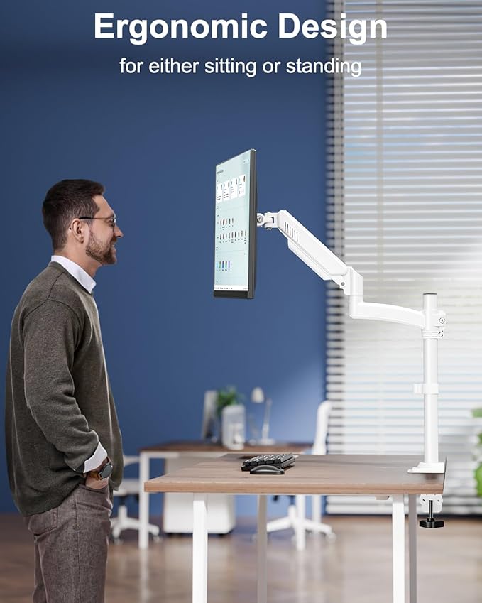 Single Monitor Mount Arm, VESA Desk Mount Stand for 13-32 inch Computer Screen up to 22 lbs, Adjustable Height Tall Monitor Arm with Tilt Swivel Rotation, VESA 75 100mm, White, Freelift
