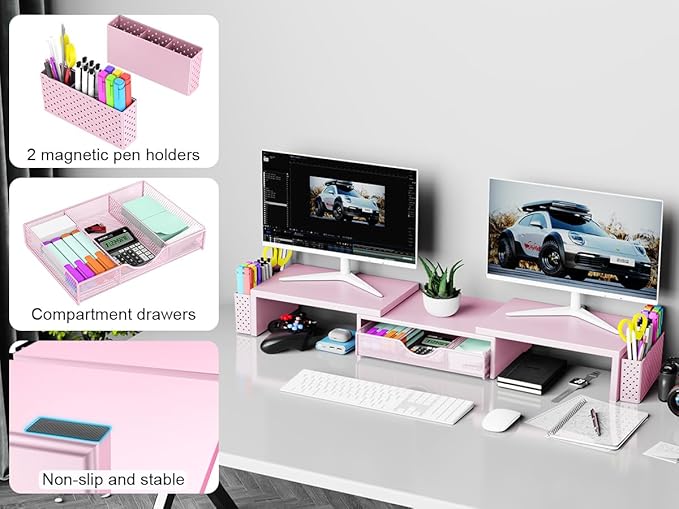 Spacrea Metal Desk Organizers and Accessories, Dual Monitor Stand Riser with Drawer and 2 Pen Holders, Desk Accessories & Workspace Desktop Organizers for Office Supplies (Pink)