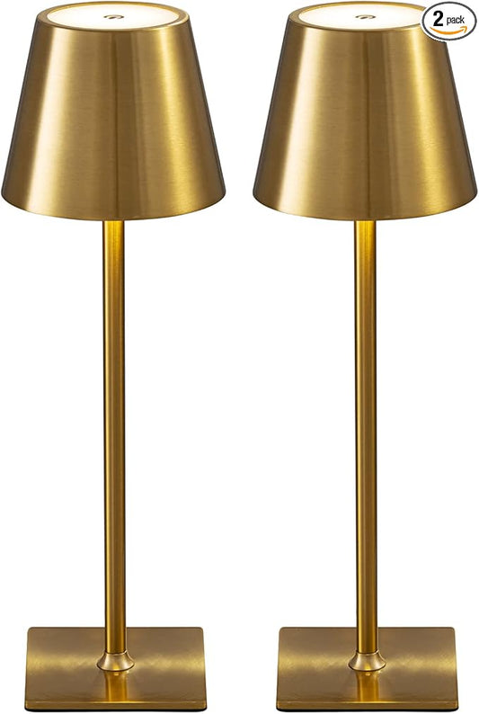 KDG 2 Pack Cordless Table Lamp,Portable LED Desk Lamp, 5000mAh Battery Operated, 3 Color Stepless Dimming Up, for Restaurant/Bedroom/Bars/Outdoor Party/Camping/Coffee Shop Night Light(Gold)