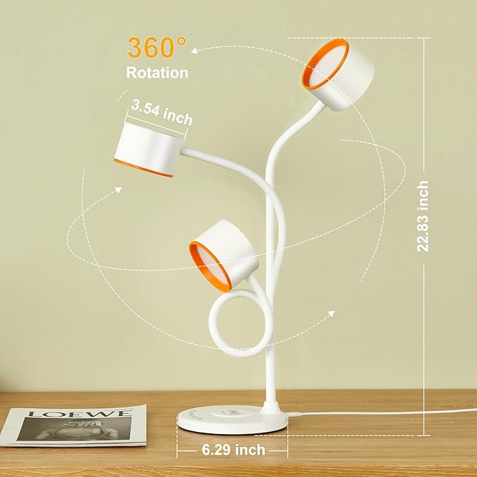 KAiSnova Desk Lamp for Office Home, Gooseneck Desk Lamp with Wireless Charger, Touch Table Lamp with USB C+A Charging Ports, 5 Colors Dimmable Bedside Reading Lamp for College Dorm Room White