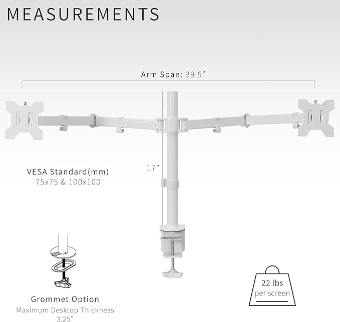 VIVO Dual Ultrawide Monitor Desk Mount, Heavy Duty Fully Adjustable Steel Stand, Holds 2 Computer Screens up to 38 inches and Max 22lbs Each, White, STAND-V038W