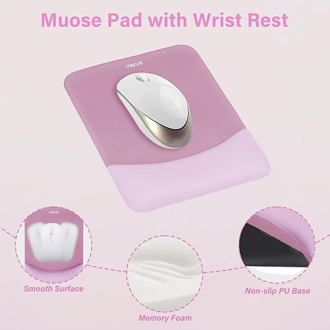 MOSISO Wrist Rest Support for Mouse Pad&Keyboard Set, Rectangular Ergonomic Mousepad Non-Slip Base Home/Office Pain Relief&Easy Typing Pad with Neoprene Cloth&Raised Curved Memory Foam, Mauve Pink