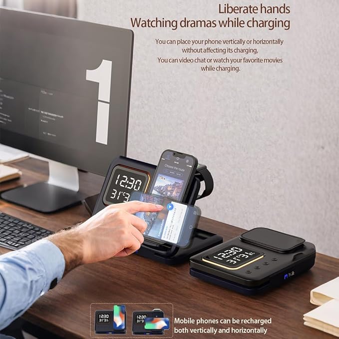 IHAO 5in1 Multi Functional Wireless Charging Station with Digital Clock 15W Fast Charge Night Light Temperature Display Wireless Charger for All Qi Phone and TWS Headphone Compliant with Apple Watch