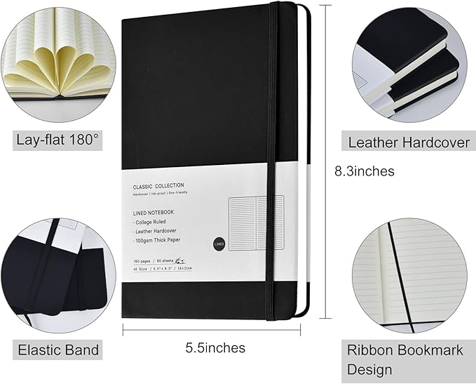 Coopay 12 Pack A5 Journal Notebooks Bulk, 160 Pages, 100GSM Thick Paper, 8.3 x 5.5 inch Hardcover Lined Leather Journals for Writing Office School Business,Bulk Notebook for Work Men Women (Black)