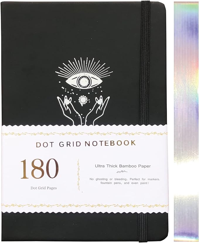 Dotted Notebook Journal 180GSM Bamboo Thick White Paper 160 Pages 5 * 5MM Dot Grid, Lay Flat Binding,Colored Silver Edges, Bookmarks and Expandable Back Pocket (BKP-9)