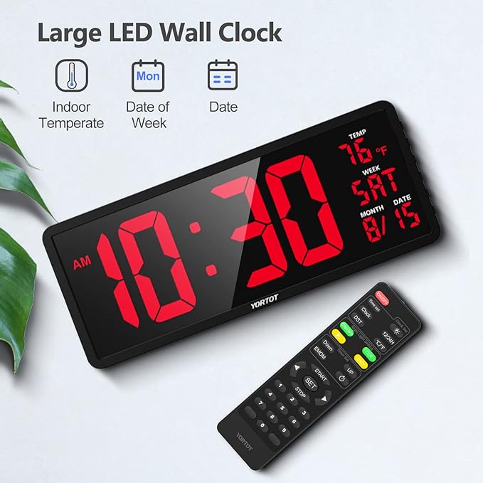 YORTOT 16" Digital Wall Clock Gym Timer with 7 Colors Light & Remote Control - Larger LED Display with Indoor Temperature | Date, Workout Timer with Count Down & Up | Stopwatch for Home Gym Garage
