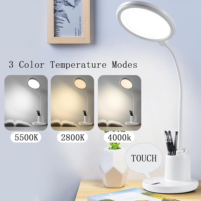 Desk Lamp for Dorm Room Essentials, Office Eye-Caring 88 LED Bright Reading Table Lamp, 2800-5500K Touch Stepless Dimming Desk Light, USB Charging Port Pen Holder for Phone, Flexible Gooseneck White
