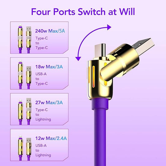 MFish 4-in-1 Universal USB Charging Cable with Carrying Case – 240W Max Fast Charger Cord, USB-A, Dual USB-C & Lighting, for iPhone 14/15/16/17 Series, iPad & MacBook and More (Purple Color, 6.6Ft)