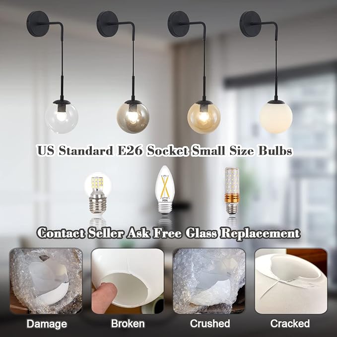 BOKT Lighting Black 1-Light Frosted White Glass Wall Sconce Mid Century Modern Globe Ball Bathroom Wall Light Rustic Industrial Bedroom Bedside Wall Reading Lamp (Black+White)