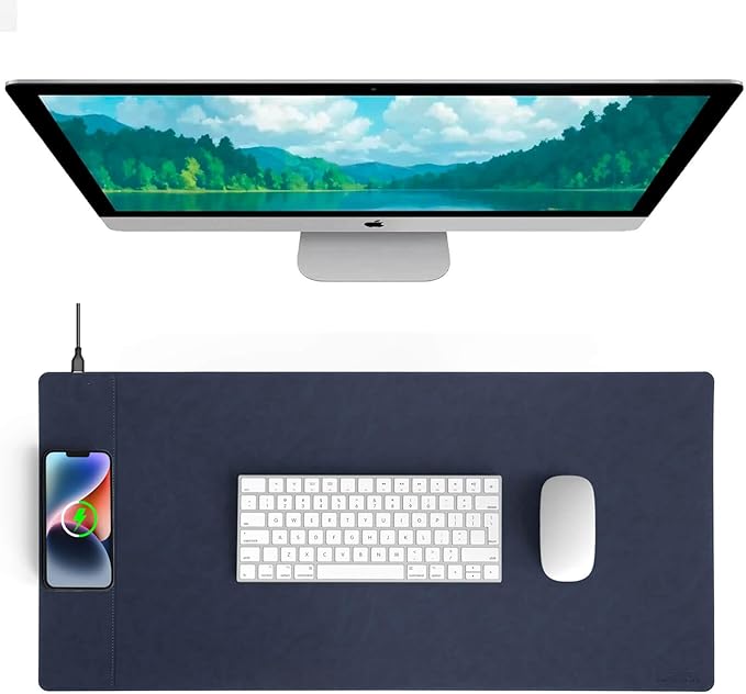 Magnetic 15W Fast Wireless Charging Desk Pad, 35.4"x16.8" Extra Large Mouse Pad, Microfiber Leather Office Desk Mat, Waterproof and Scratch-Resistant Mouse Mat for Office and Home Use,Blue