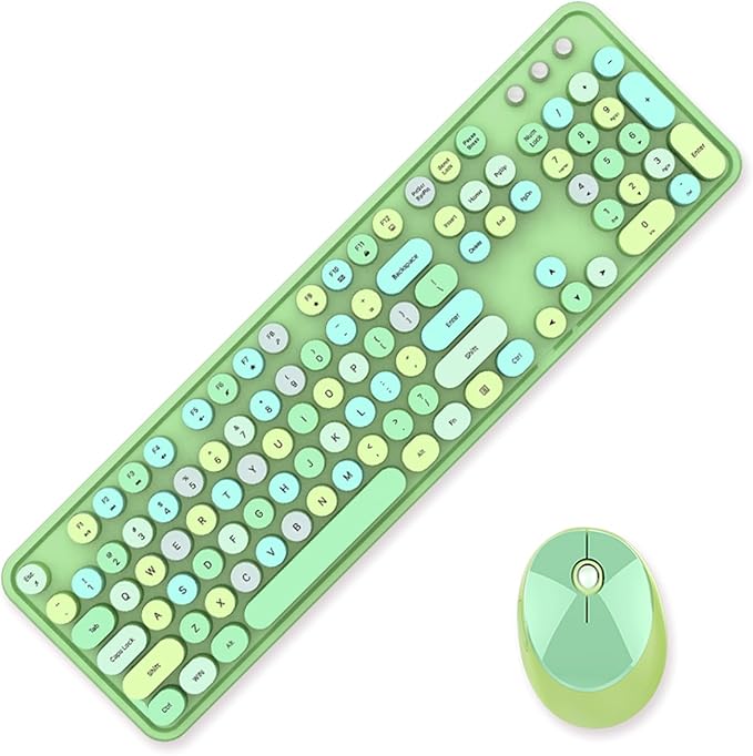 Guffercty kred Green Colorful Wireless Keyboard Mouse, Cute Retro Typewriter Round Keycaps 2.4GHz Dropout-Free Connection for Laptop/PC (Multicolor Green)