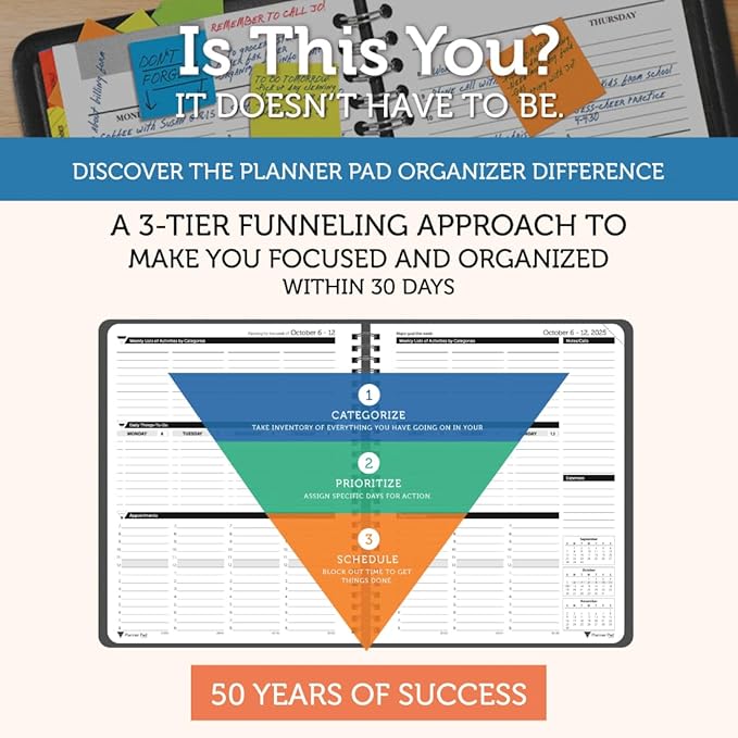 Planner Pad Spiral Bound 3-Tier Funnel Down 12 Month Organizer, October 2025 – September 2026, Black Cover/Black Ink, 6 3/4" x 8 1/2"