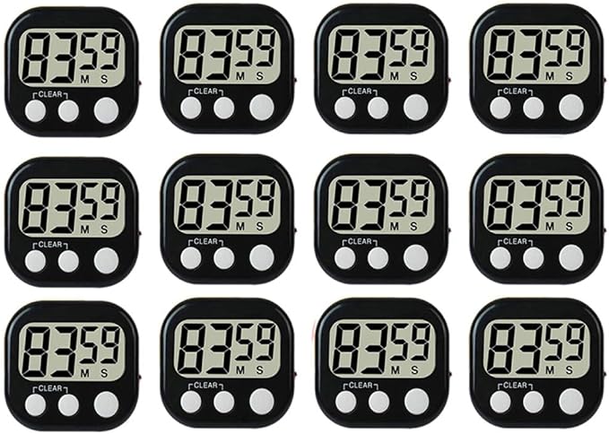 12 Pack Digital Kitchen Timer Large LCD Display Loud Alarm Strong Magnetic Stand, Minute Seconds Count Up Countdown and Simple Operation Timers for Cooking, Bathroom, Kids, Teacher, Classroom - Black