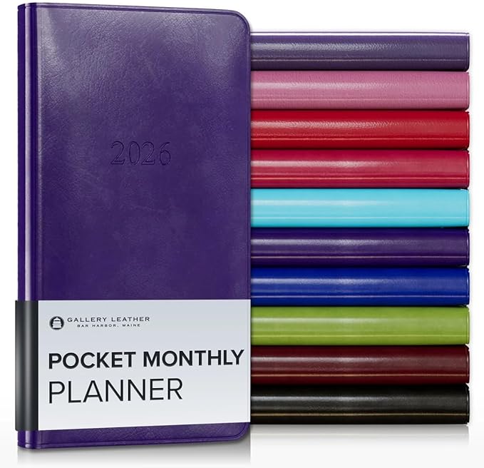 Gallery Leather Pocket Monthly Planner 2025-2026, Elegantly Bound Calendar Planner and Notebook with Stylish Gold-Gilded Page Edges, 18 Months - Acadia Plum - 6x3.25"