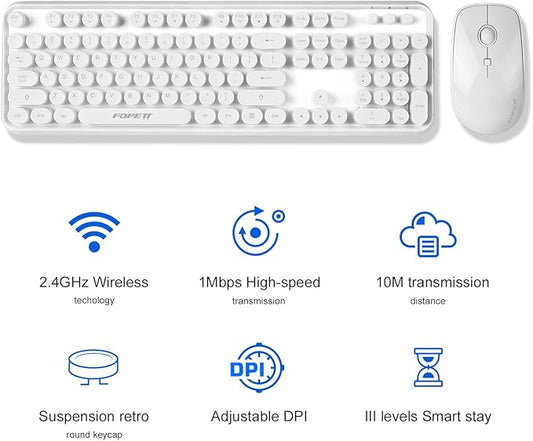 FOPETT Wireless Keyboard and Mouse Combo, 104 Keys Full-Sized 2.4 GHz Round Keycap Colorful Keyboards, USB Receiver Plug and Play, for Windows, Mac, PC, Laptop, Desktop (White)
