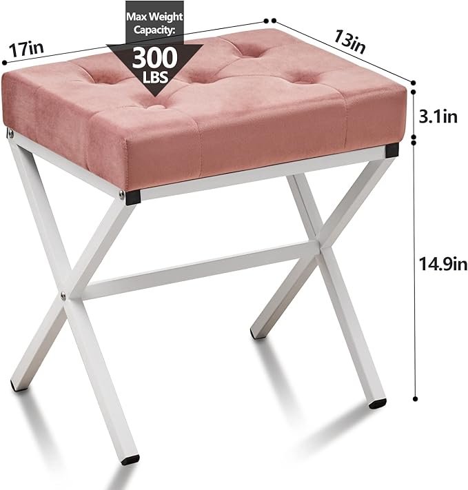 Wimarsbon Ottoman Foot Stool Tufted Vanity Stool Ottomans Thickened Cushion Footstool Mulifunctional Shoe Changing Seat Step Stools with Metal X Leg for Living Room Bedroom Velvet Dusty Pink