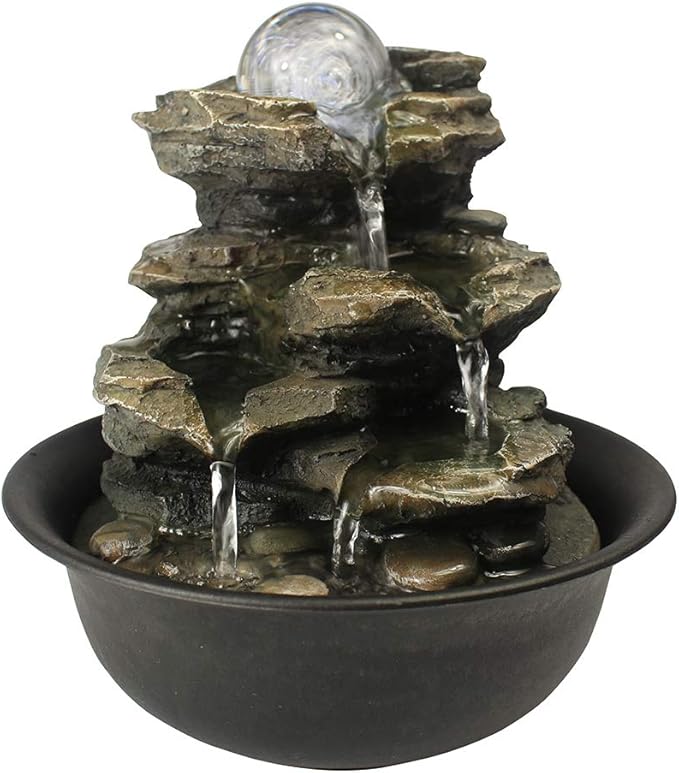 8.3" High 4-Tier Cascading Rock Falls Tabletop Water Fountain with LED Light & Spinning Ball - Indoor Small Waterfall Feature for Office, Home and Bedroom Desktop Decor Dark Grey