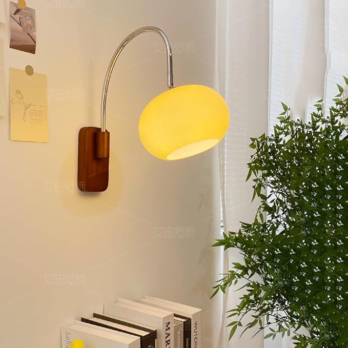 Modern Decoration Wall Sconce Mid Century with White Milk Glass Vintage Industrial Wood Wall Light Hardwired Smoke Grey Amber Farmhouse Reading Wall Lamp for Bedroom Living Room Bedside