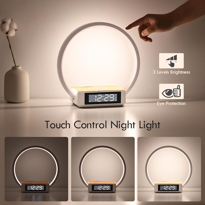 Alarm Clock,Table Lamp with Wireless Charging,Touch Bedside Lamp with 3 Brightness Levels,Snooze,Sunrize Wake-Up Light,Idea Gifts for Women,Men,Teens,Adults