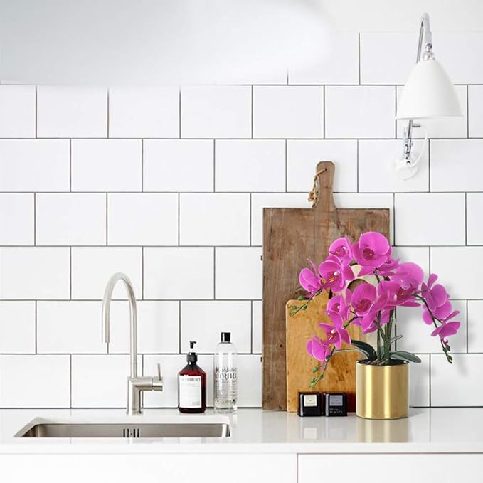 LESING Artificial Orchid Flower with Vase, White Orchid Bonsai Faux Orchid Phalaenopsis Plant Pot Arrangements for Home Decoration (Purple,Gold Vase)