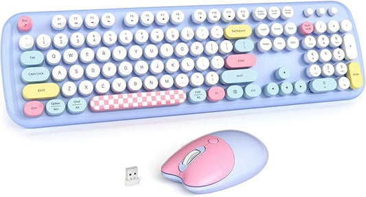 Wireless Keyboard and Mouse Combo for Windows, MOWUX 2.4G Full-Sized External Cordless Computer Keyboard, Compact Mouse, 8 Multimedia and Shortcut Keys, for PC, Laptop - Light Blue Colorful