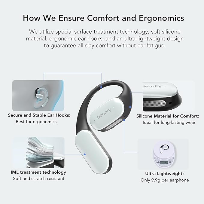 MemPod Fit 2 Open Ear Bluetooth Headphones, Wireless Earbuds with Deep Bass, Up to 45H Playtime with Charging Case, Ultra Comfort, Dual Connection, Air Conduction, for Phone/Mac, White