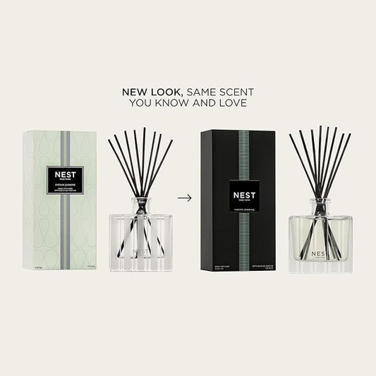 NEST New York Reed Diffuser, Indian Jasmine - 5.9 fl oz - Fragrance for Up to 90 Days - Reusable, Refillable Glass Holder - Includes 8 All-Natural Reed Sticks - Flame Free