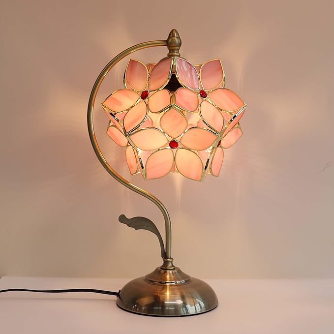 Bieye L10832 Tiffany Style Stained Glass Flower Petal Table Lamp with Brass Base for Home Décor (Pink, 8" Apple Blossom)