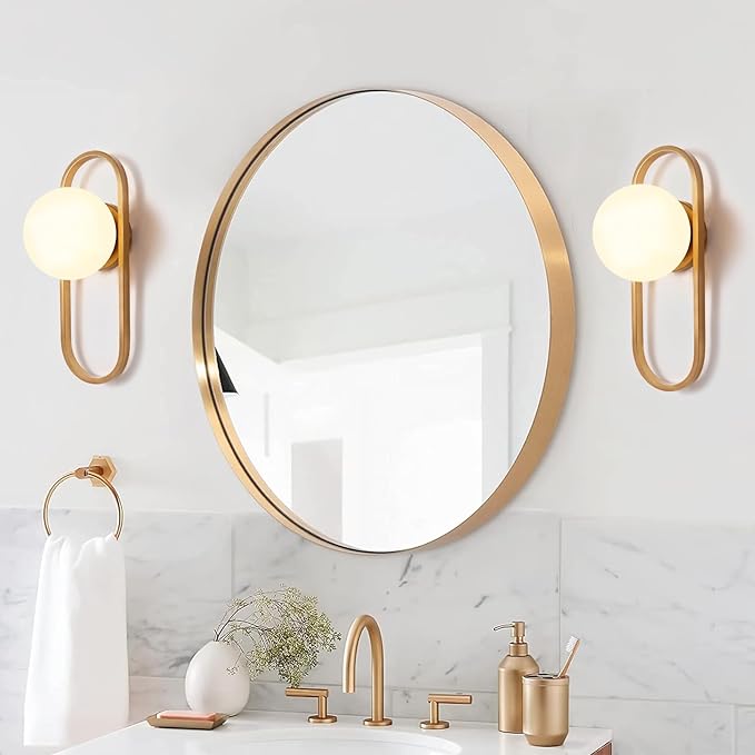 Gold Wall Lamp Sconces Set of 2 with White Globe Glass Shade - Living Room & Bedroom Wall Lights