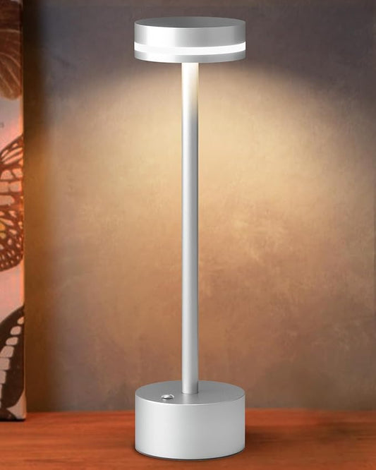 Modern LED Rechargeable Cordless Table Lamp with Touch Sensor, Aluminum Shell, 4000mAh Certified Battery, 3 Levels Brightness, USB-C Charging Port, 3000K Portable Metal Bedside Lamp (Silver)