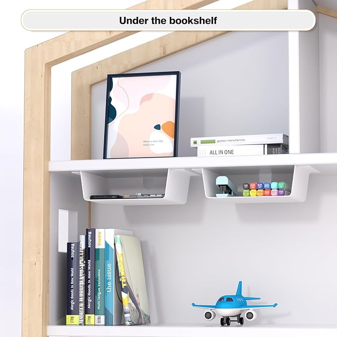 2 Pack Adhesive Under Desk Hanging Shelf Mount Drawer Organizer, Attachable Plastic Under Desk Storage Tray for Standing Desks, Tables, Workstations, Gaming, Cabinet, Increase Storage Space - White