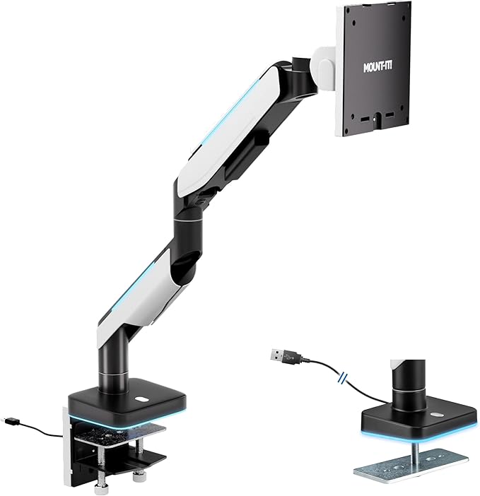 Mount-It! Heavy-Duty Ultrawide Monitor Arm up to 49" / 44 lb for Samsung Odyssey G9, 75x75 and 100x100 VESA Desk Mount for Widescreen Curved Monitors, Gas Spring, RGB Lights, Clamp and Grommet