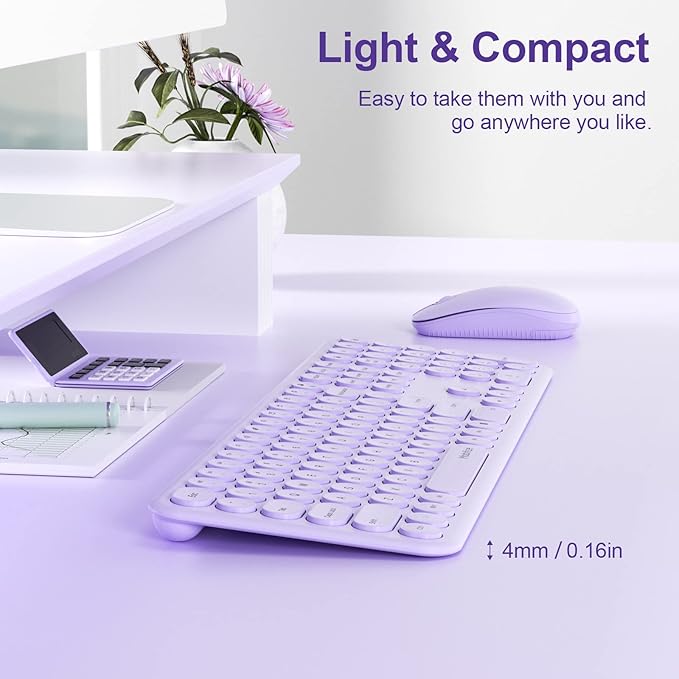 Cute Keyboard and Mouse Wireless for PC Computer/Laptop/Windows/Mac/Tablets, Ultra-Thin 2.4GHz USB Cordless Full-Sized Silent Retro Computer Keyboard Mouse Combo (Purple)
