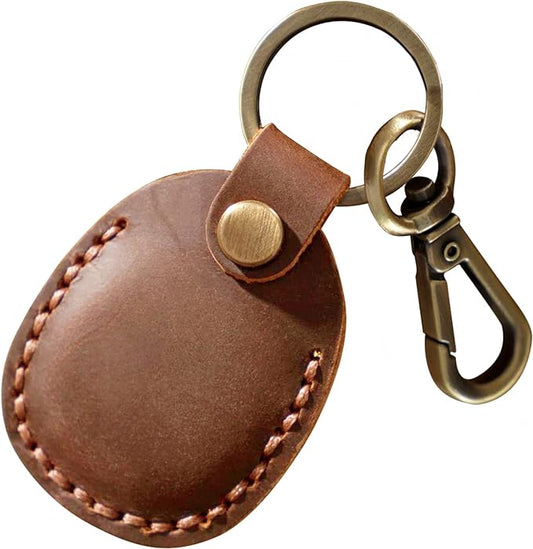 Genuine Leather Airtag Holder, Portable Handcraft Leather Air Tag Keychain with Keyring and Screwdriver, Full Coverage Air Tag Protective Case Cover Accessories - Brown