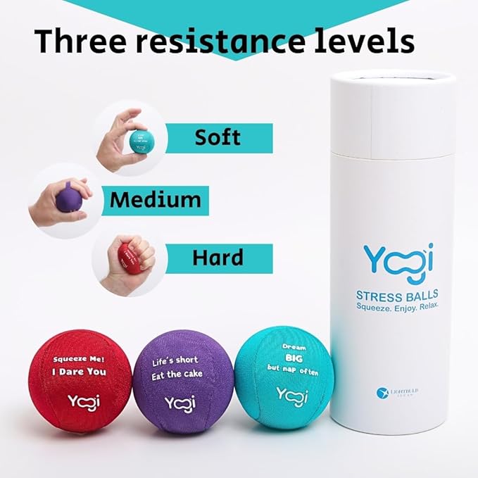 Yogi Stress Ball with Finger Grip Strap – Squeeze Ball for Anxiety Relief & Hand Therapy – Grip Strength Trainer for Adults & Kids, Fidget Toy for Stress Relief, Squishy Sensory Ball
