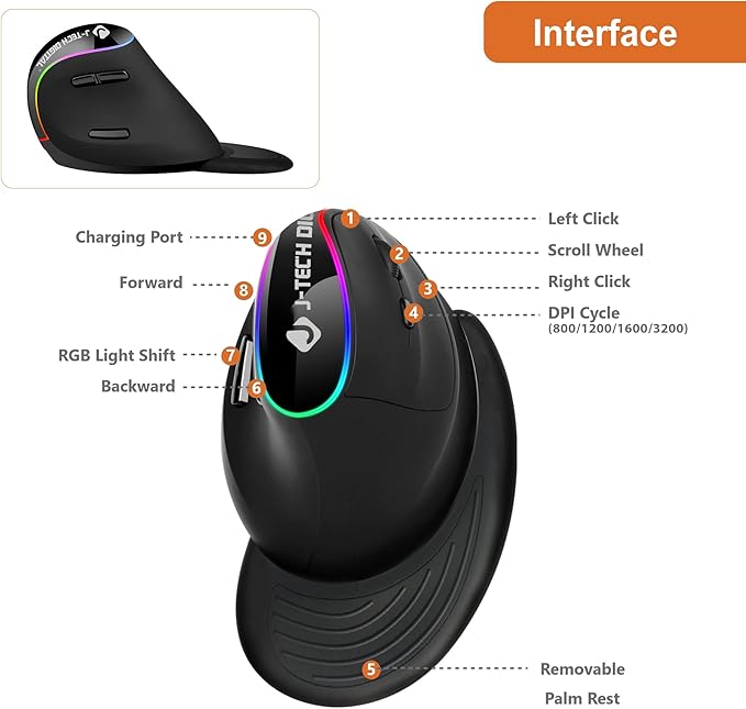J-Tech Digital Ergonomic Mouse with Wireless Connection, Removable Palm Rest, Thumb Buttons, Rechargeable Battery, 800 DPI, Compatible with Windows and MAC OS