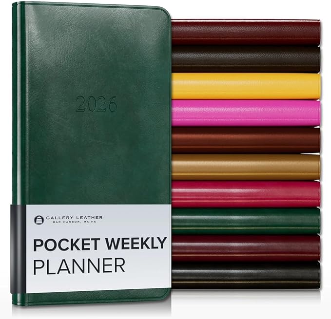 Gallery Leather Pocket Weekly Monthly Planner 2025-2026, Elegantly Bound Calendar Planner and Notebook with Stylish Gold-Gilded Page Edges, 12 Months - Acadia Green - 6 x 3.25 "