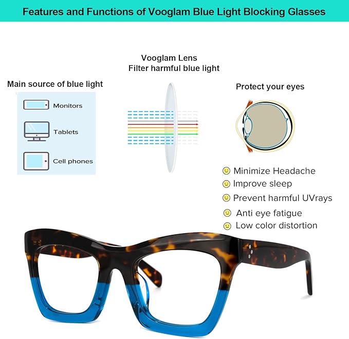 VOOGLAM Stylish Rectangle Blue Light Blocking Glasses for Women Anti Eyestrain Dry Eyes Eyewear Sienna