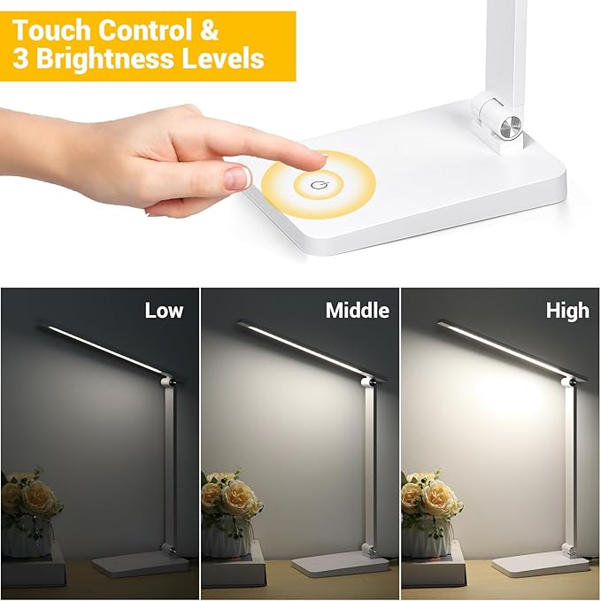 LED Desk Lamp for Home Office, 3 Levels Dimmable Desk Light with USB Charging Port, Small Study Lamp, Reading Light for Table, White, 5000K