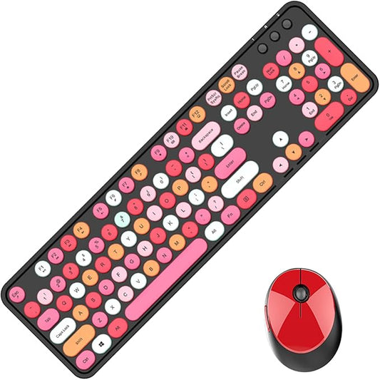 GTSP Colorful Wireless Keyboard and Mouse Combo, Cute Keyboard Retro Typewriter with Round Keycaps for Computer Laptop Desktops PC Mac 2.4GHz Dropout-Free Connection (Multicolor Black)