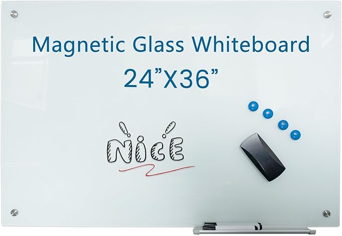 Glass Whiteboard 24"X36" Magnetic Dry Erase Board Frameless Wall Mounted White Board WritingBoard for Office School Home Accessory Tray, 3 Dry Erase Marker,4 Glass Board Magnets and 1 Magnetic Eraser